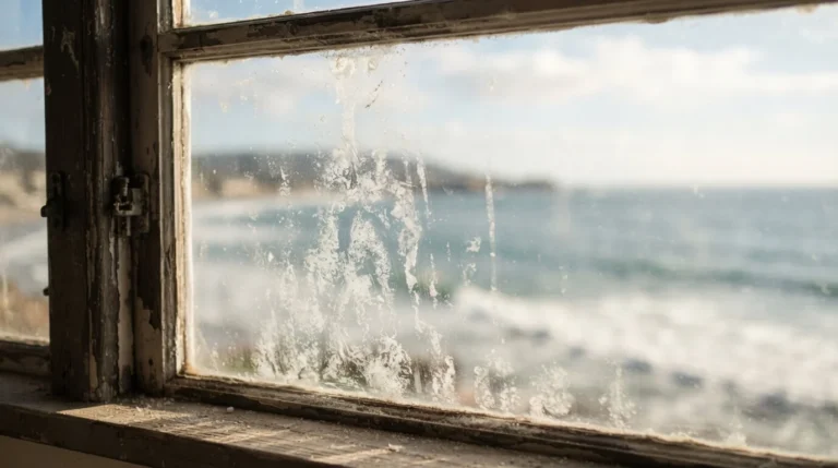 Salt residue film on a window near Darwin's coastline